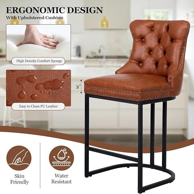 Counter Height Bar Stools Set of 2, 24" Modern Barstools with Back, Faux Leather Upholstery Counter Chairs with Metal Legs for Kitchen Island, Bar, Counter, Brown