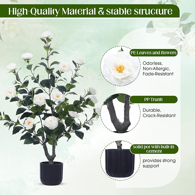 Jexine 2 Pack 36" Artificial Tree with Camellia, Fake Tree with 24 Blooming Flowers, Flower Plants Tree Faux Floral Plant Tree in Cement Pot for Indoor Outdoor Office Home Porch Decor (White, 36")