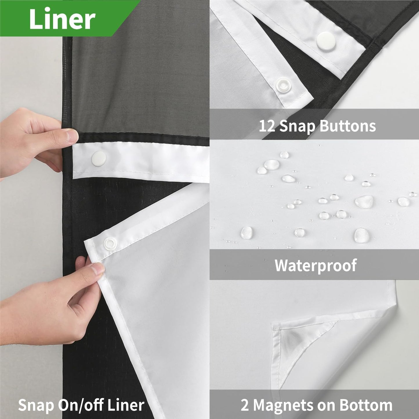 Extra Long No Hooks Needed Linen Textured Shower Curtain with Snap-in Fabric Liner Set,Black Hotel Luxury Decor Shower Curtains for Bathroom,Waterproof & Washable,71Wx86H