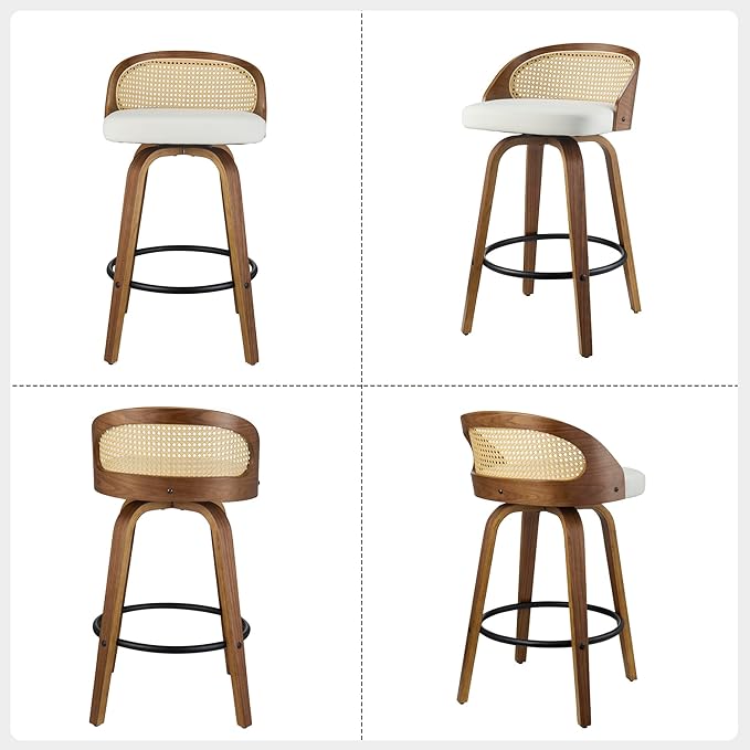 26 inch Swivel Bar Stools with Back, Set of 2 Mid-Century Modern Walnut Barstools, White PU Leather Bar Chairs with Footrest for Kitchen Island, Dining Room, Home Bar