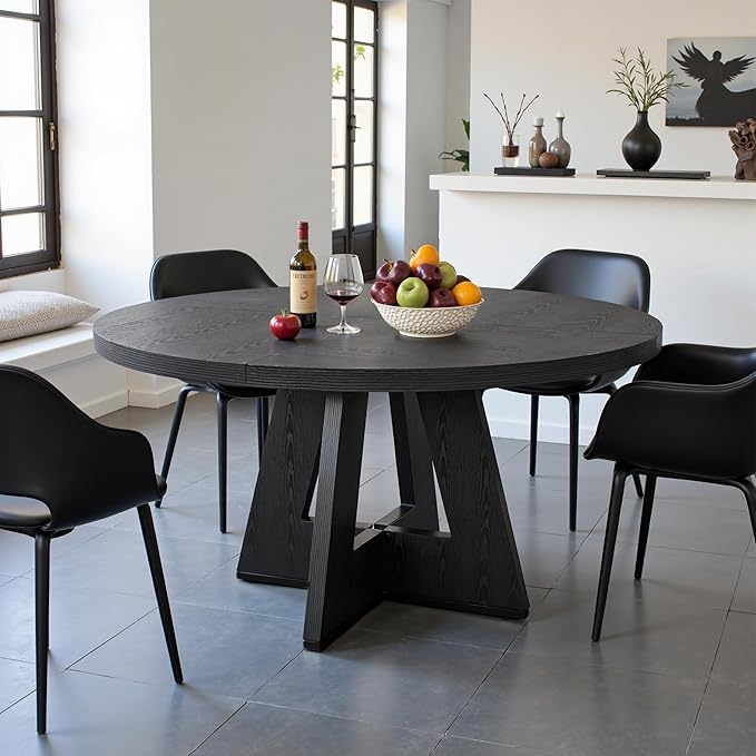 NicBex 47-Inch Round Dining Table for 4, Farmhouse Dinner Table Small Farmhouse Kitchen Tables with Wood Pedestal Base for Dining Room, Kitchen, Living Room, Black