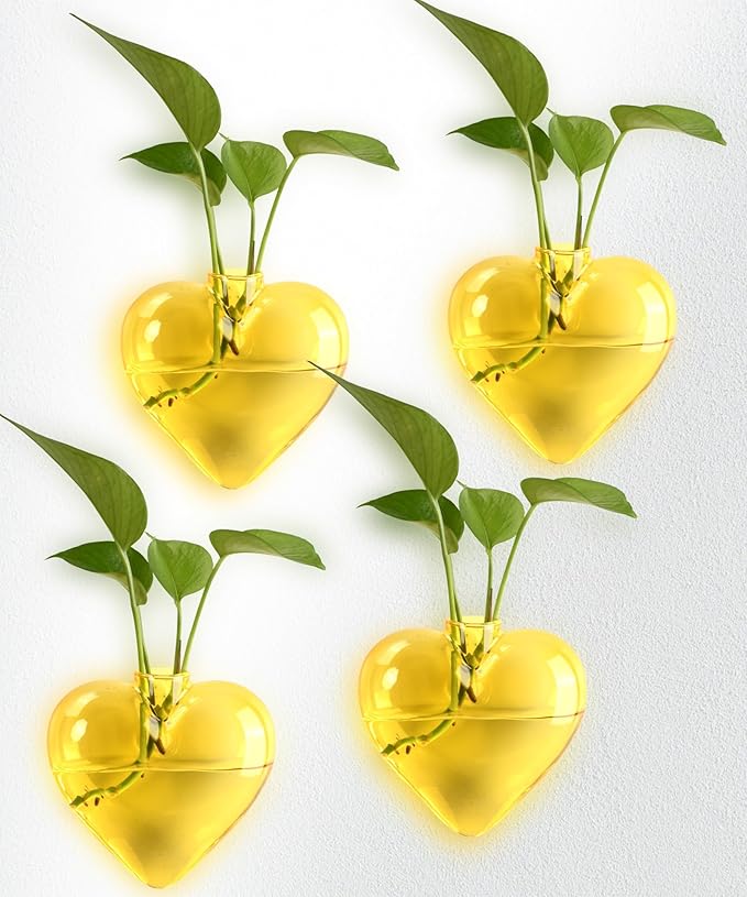 Nacome Wall Hanging Glass Planter Terrarium Plant Propagation Station, 4 Pack Heart Shape Vase for Hydroponic Home Office Garden Decor,Unique Gardening Gifts for Plant Lovers Women Mom(Yellow)