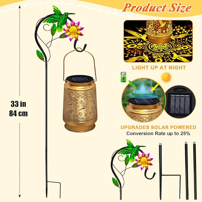 Solar Lanterns Outdoor Waterproof with Shepherd Hook,Hummingbird Garden Decor Christmas Decorations Birthday Gifts for Women Mom,Hanging Solar Lights Metal Bird Decorative for Yard,Patio,Porch,Lawn
