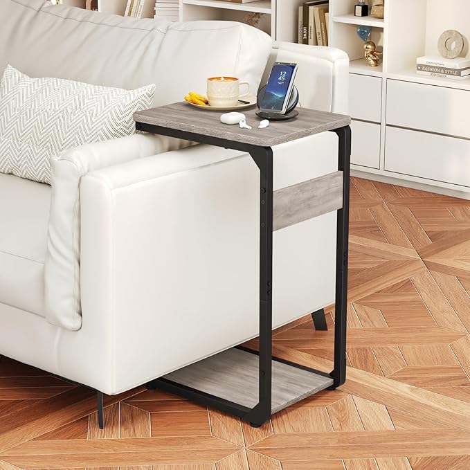Narrow C-Shaped End Tables, TV Trays Set of 2, Small Side Table for Couch, Sofa Table for Living Room, Bedroom, Bedside ET-YB-GY2