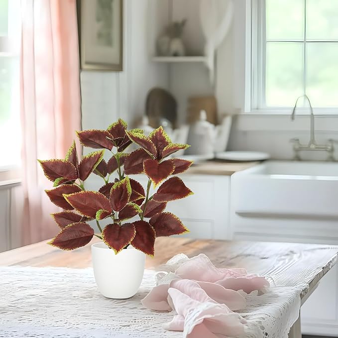 Artificial Plants Indoor 14.2" Small Fake Perilla Plant in Pot Potted Plants Artificial Decor Faux House Plant with White Pot for Farmhouse Home Office Bathroom Living Room Table Shelf Decor