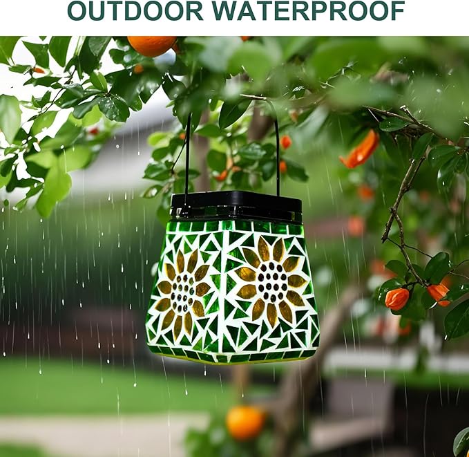 VOREEN Mosaic Solar Lanterns, Handmade Outdoor Glass Hanging Lights, IP44 Waterproof Solar Table Lamps, Decor for Garden, Patio, Yard, Party, Balcony, Gift for Mom Wife Friend, Sunflower Design