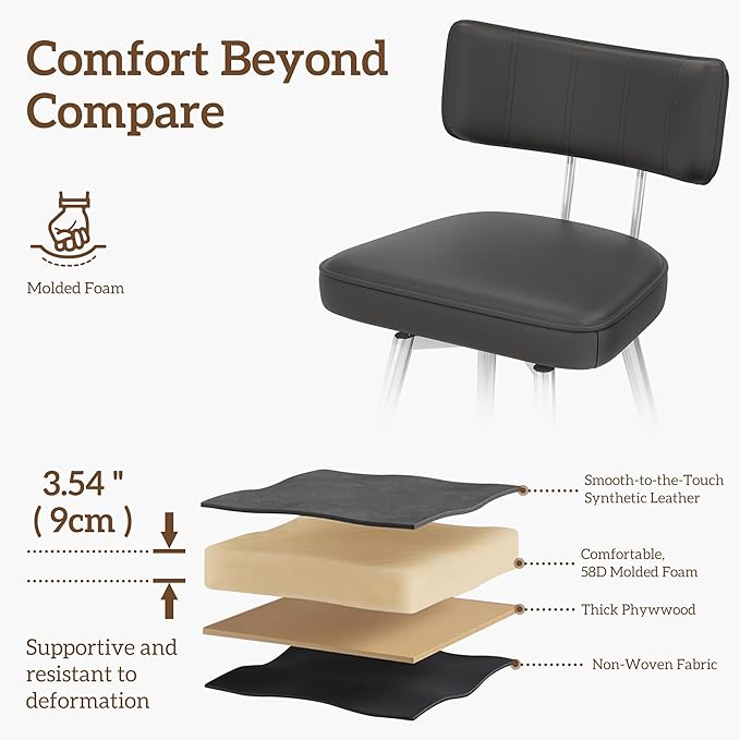 Swivel Counter Height Bar Stools Set of 2, 26" Leather Kitchen Swivel Counter Stools with Backs, Metal Legs and Footrest, Bar Chairs for Kitchen Island, Black