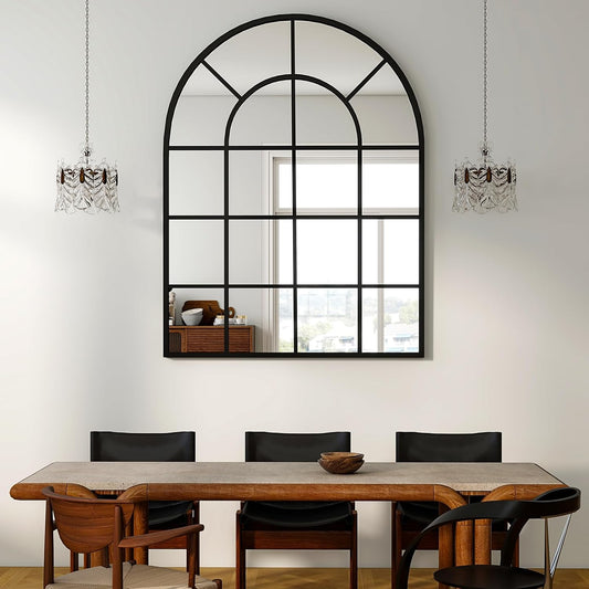 30"×40" Windowpane Arched Wall Mirror, Grid-Designed Decorative Farmehouse Wall Mounted Mirror with Metal Frame Hanging Leaning for Entryway, Living Room, Home Decor, Black