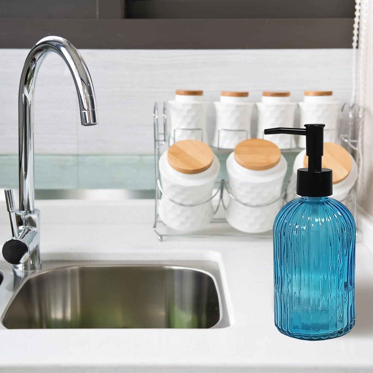 Blue Glass Soap Dispenser Set with Black Pump, 13.5oz Refillable Liquid Hand Soap Dispenser, Lotion Dish Soap Dispenser for Modern Home Decor, Kitchen Countertop, Bathroom, Hotel(2 Pack)