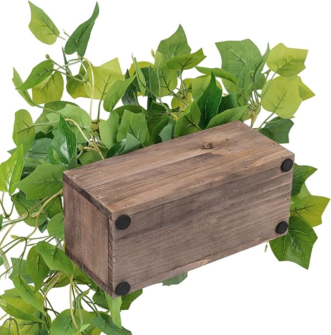 MyGift Vibrant Lifelike Artificial Plant Grape Leafy Vine Greenery in Rustic Brown Solid Wood Rectangular Planter Box