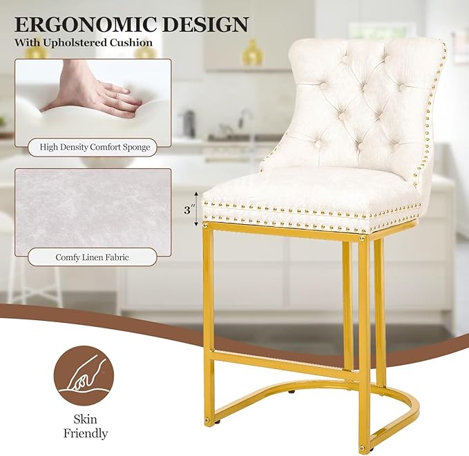 Counter Height Bar Stools Set of 6, 24" Modern Barstools with Back, Frbric Upholstery Counter Chairs with Metal Legs for Kitchen Island, Bar, Counter, White