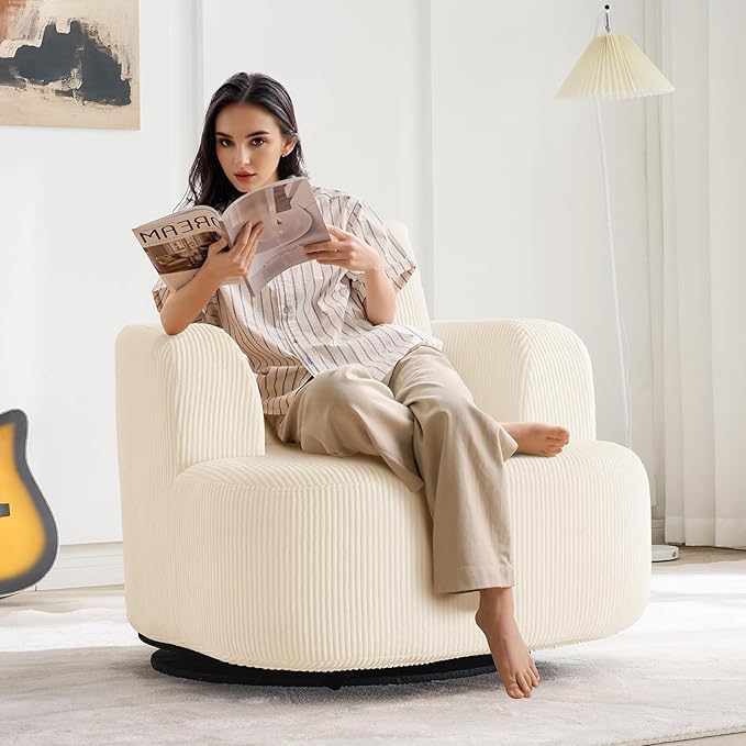 Furnimart 360° Swivel Barrel Accent Chair, Round Upholstered Comfy Lounge Chair, 34“ Corduroy High-Resilienc Foam Single Sofa, No Assembly Wide Seat for Living Room, Bedroom, Apartment (Beige)