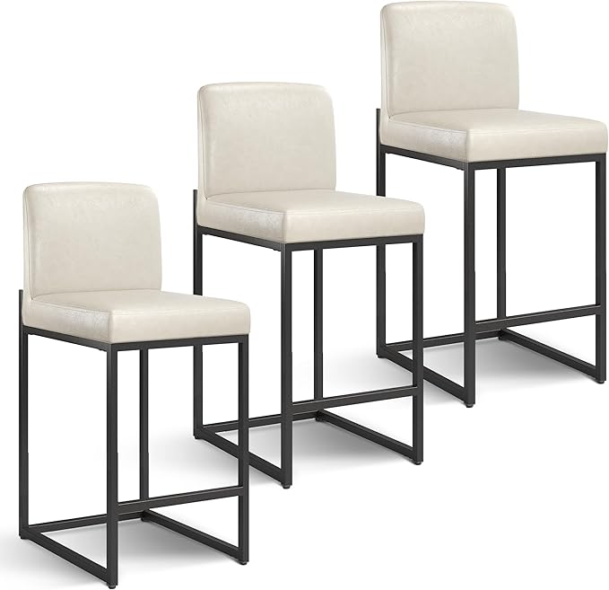 PHI VILLA Leather Bar Stools Set of 3, Modern Counter Height Bar Stool Kitchen Counter Chairs, 24 Inch Barstools with Back