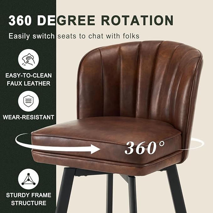 Swivel Counter Height Bar Stools Set of 2, 26'' Modern Barstools with Backs and Metal Legs, Upholstered Bar Chairs, Faux Leather Brown Stools for Kitchen Island Chairs