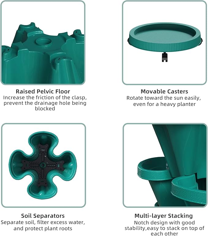 Strawberry Vertical Planters Tower Garden, 7 Tiered Stacking Herb Vegetable Planter with Support Pole Indoor and Outdoor - Hunter Green