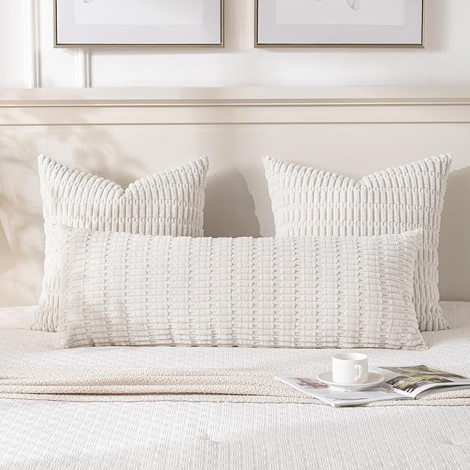 Fancy Homi 2 Packs Cream Boho Long Body Lumbar Decorative Throw Pillow Cover 14x36 Inch for Bed Couch Bedroom Bench, Soft Corduroy Rectangle Solid Pillow Case 35x91 cm, Rustic Farmhouse Room Decor