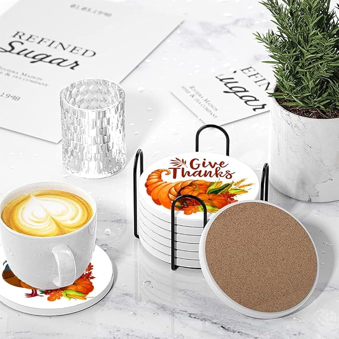 Thanksgiving Day Drink Absorbent Coasters with Holder Set of 6, Ceramic Stone with Cork Base, Turkey and Pumpkin Coaster for Drinks, Gift for Housewarming Room Bar Home Decor Kitchen
