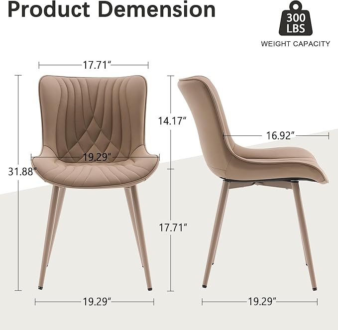 YOUTASTE All Khaki Dining Chairs Set of 2, Mid-Century Modern Armless Kitchen Chairs with Back, Faux Leather Upholstered Accent Chairs with Metal Legs for Living Room, or Bedroom
