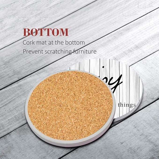 Britimes Coaster for Drinks Set of 6, White Old Wood Wooden Board Table Absorbent Round Ceramic Stone Mat, with Cork Base and Metal Holder, Gift for Housewarming Room Bar Decor