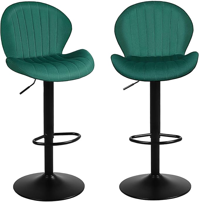 Modern Bar Stools Set of 2, Velvet Height Adjustable Swivel Barstools, Armless Kitchen Island Counter Chairs with Back & Footrest, Green