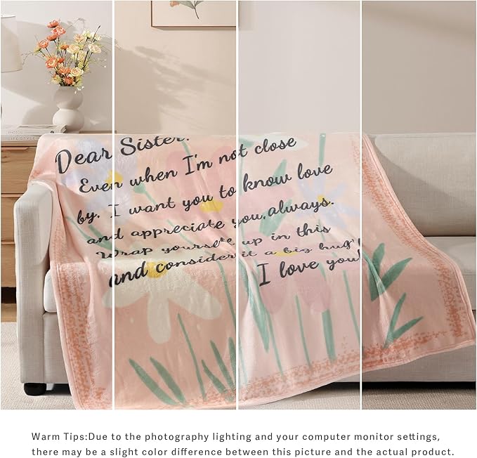 Geniospin Throw Blanket Gifts for Sister, Dear Sister Blanket for Birthday Presents, Super Soft Flannel Throw Blanket for Christmas for Couch Bed Sofa, Warm and Cozy