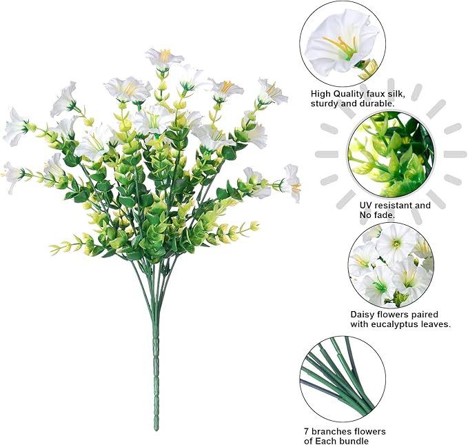 Artificial Flowers Fake Plants for Outdoors Decoration, 12 Bundles White Silk Morning Glory with Eucalyptus Realistic UV Resistant Faux Flowers for Outside Planter Porch Yard Patio Garden Home Indoor