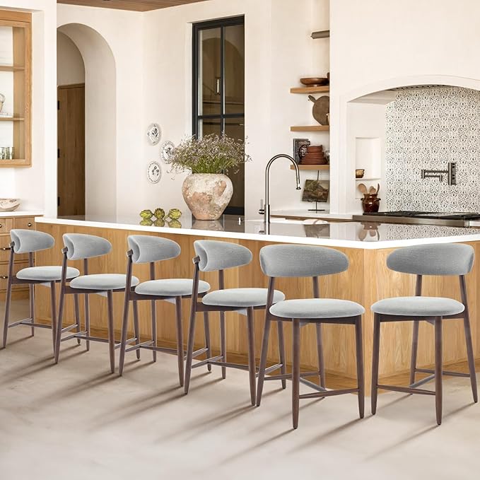 COLAMY Bar Stools Set of 6, Counter Height Bar Stools, Upholstered Counter Stools with Wood Legs for Kitchen Island Dining Room Bar, Light Grey