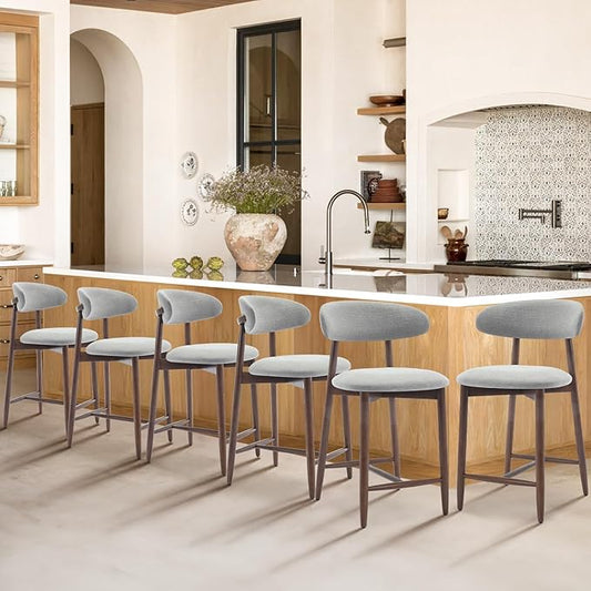 COLAMY Bar Stools Set of 6, Counter Height Bar Stools, Upholstered Counter Stools with Wood Legs for Kitchen Island Dining Room Bar, Light Grey