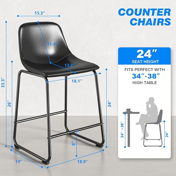 Rfiver Pu Faux Leather Bar Stools Set of 4, Industrial Pub Barstools with Back and Footrest, Modern Armless Bar Height Stool Chairs (Black, 24" Counter Chair x4)