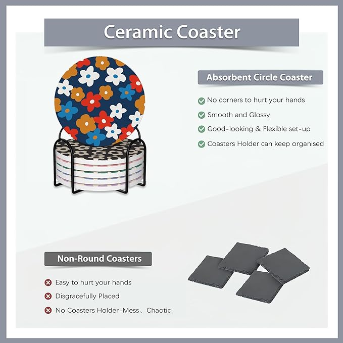 Drink Coasters Set of 6 with Holder,Vintage Flowers,Floral Pink Blue Green Purple Absorbent Ceramic Coasters with Cork Base,Fit All Cups,Tabletop Protection Mat for Mugs and Cups,Office,Kitchen