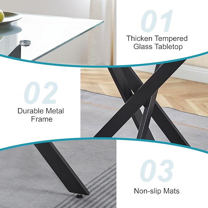 Dining Table for 4 Modern 35.43" Rectangular Glass Dining Table Kitchen & Dining Room Tables with Metal Base for Dining Room and Apartment, Black