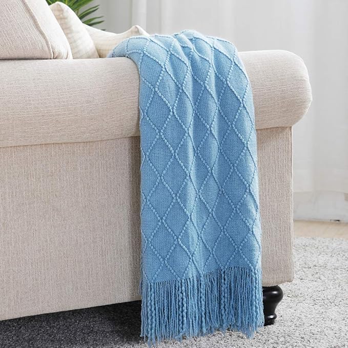 BOURINA Blue Throw Blanket 60x80 Inches Throw Textured Solid Soft Sofa Throw Couch Knitted Decorative Blanket