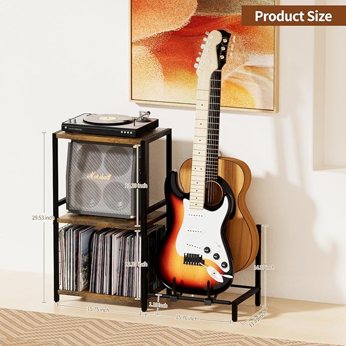 End Table with Guitar Stand,Record Player Stand,Vinyl Records Storage,2-Tier Guitar Stand for Acoustic,Turntable Stand for Music Studio-Brown
