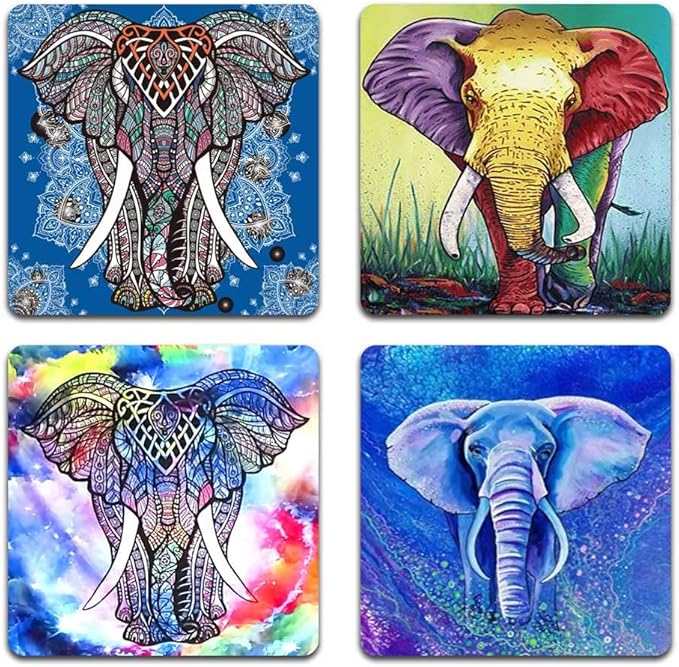 Watercolor Hand Drawn Elephant Square Coaster Set - Made of Recycled Rubber - Set of 4
