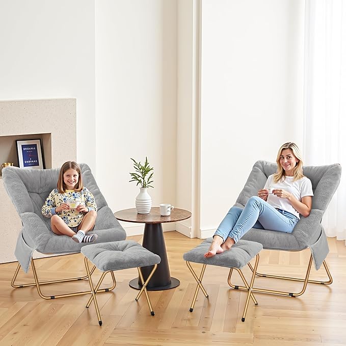 Comfy Saucer Chair, Foldable Living Room Chairs, Soft Faux Fur Lounge Chair for Bedroom, Reading Chairs for Adults, Kids, X-Large (Blue Grey)