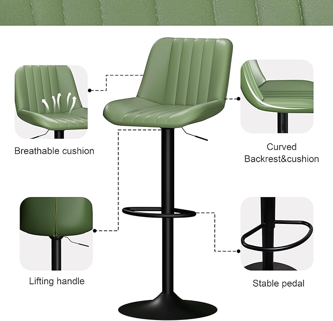 JAMFLY Bar Stools Set of 2, Swivel Bar Height Chairs Set of 2, Adjustable Tall Leather Bar Stools for Kitchen Island, Green