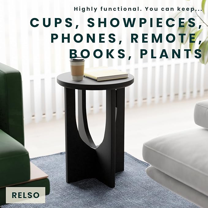 Stupa Solid Wood End Table – 22" Tall Round Side Table for Living Room or Bedroom, Handcrafted Accent Table in Distressed Black Finish, Easy Assembly, Modern Minimalist Design for Small Spaces