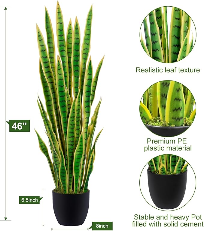 4ft Artificial Snake Plant – 46in Faux Sansevieria Plants, Fake Floor Plant for Indoor Outdoor, Front Porch Patio Home Office Decor, Mother-in-Law’s Tongue, Yellow 2Pcs