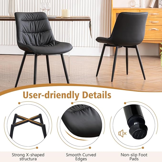 Kidol & Shellder Dining Chairs Set of 2, Modern Upholstered PU Leather Kitchen Side Chairs with Comfortable Back - Mid-Century Armless Chair for Dining Living Room Bedrooms, with Metal Legs (Black)
