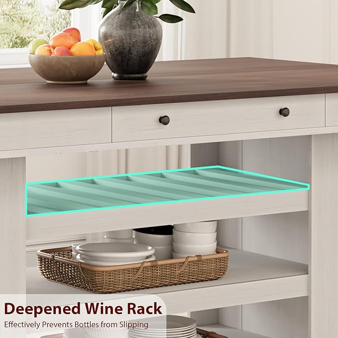 GAOMON 60" Counter Height Dining Table for 4, Farmhouse Rectangular Tall Bar Height Kitchen Dining Table & Thick Table Top, with Deepened Wine Rack & Shelves for Kitchen, Bar,Retro White & Brown