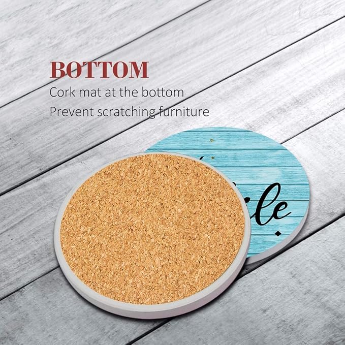 Britimes Coaster for Drinks Set of 6, Antique Teal Blue Wood Beach Table Absorbent Round Ceramic Stone Mat, with Cork Base and Metal Holder, Gift for Housewarming Room Bar Decor