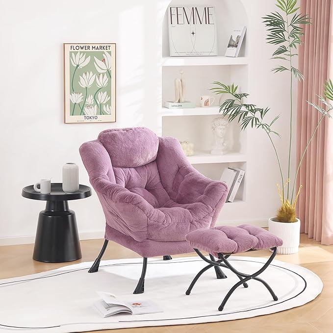 Welnow Lazy Chair with Ottoman, Modern Lounge Accent Chair with Armrests and a Side Pocket, Leisure Sofa Armchair Set, Reading Armchair with Footrest for Small Space, Plush Purple