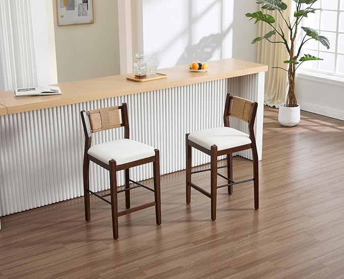 CIMOTA Rattan Counter Height Bar Stools Set of 4, 26" Boho Barstools with Woven Backs, Mid Century Walnut Wood Bar Stool Chairs Sherpa Upholstered Counter Stools for Kitchen Island/Counter/Bar,White