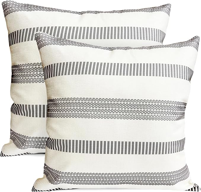 Decorative Throw Pillow Covers Set of 2 Light Gray Boho Striped Pillow Covers 16x16 Inch Throw Pillow Cover Linen Pillowcase Farmhouse Outdoor Pillow Covers for Couch Sofa Bed Living Room