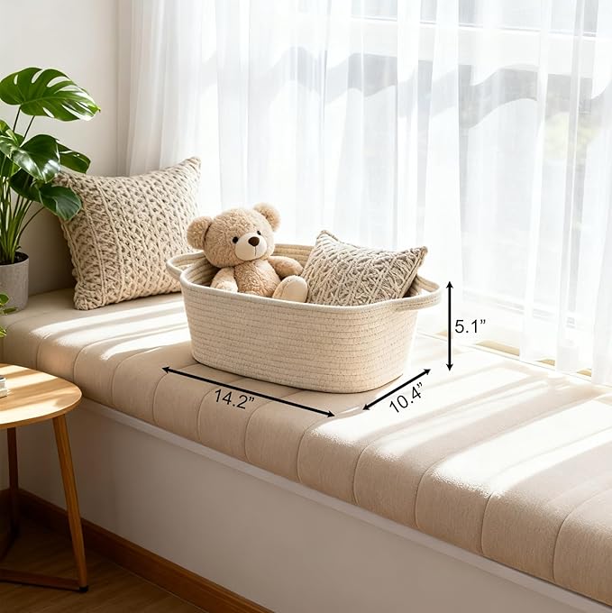 BOMINICA Cotton Rope Storage Basket with Handles, Natural Woven Basket, Decorative Rectangle Organizer Bin for Home, Nursery, Montessori, Pet Toy Storage and Bathroom Organization, White