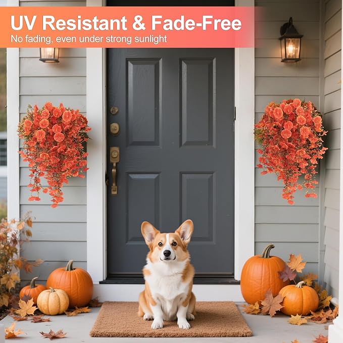 Fall Flowers Artificial for Decoration, 4Pcs Fake Hanging Flowers Morning Glory UV & Fading Resistant, Artificial Faux Plants Deocr for Home Patio Yard Garden Farmhouse Fall Decor Halloween