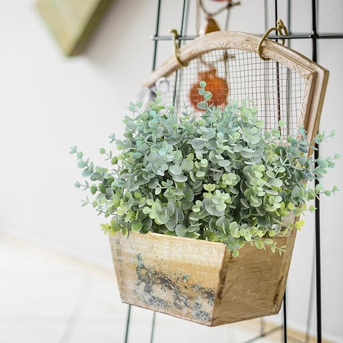 RECUTMS 8 Bundles Artificial Greenery Plants Stems Outdoor Fake Eucalyptus Plants Boxwood Bushes for Farmhouse Bathroom Office Vase Centerpiece Indoor Outdoor Decoration(Dusty Blue)