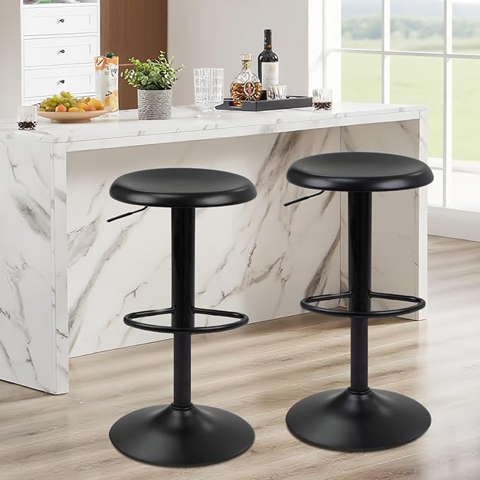 Bar Stools - 2 Pack, Adjustable Swivel Height Counter Bar Stool, Modern Metal Barstools, Backless Barstool for Bar, Kitchen Island, Pub, Black
