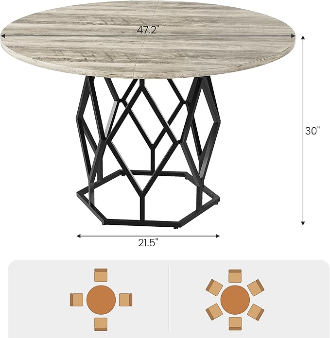 IDEALHOUSE 47 Inch Round Dining Table, Farmhouse Diner Table for 4-6 People, Kitchen & Dining Room Tables, Wood Circle Table for Kitchen, Dining Room, Living Room, Gray