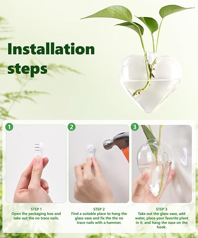 Nacome Wall Hanging Glass Planter Terrarium Plant Propagation Station, 4 Pack Heart Shape Vase for Hydroponic Home Office Garden Decor,Unique Gardening Gifts for Plant Lovers Women Mom